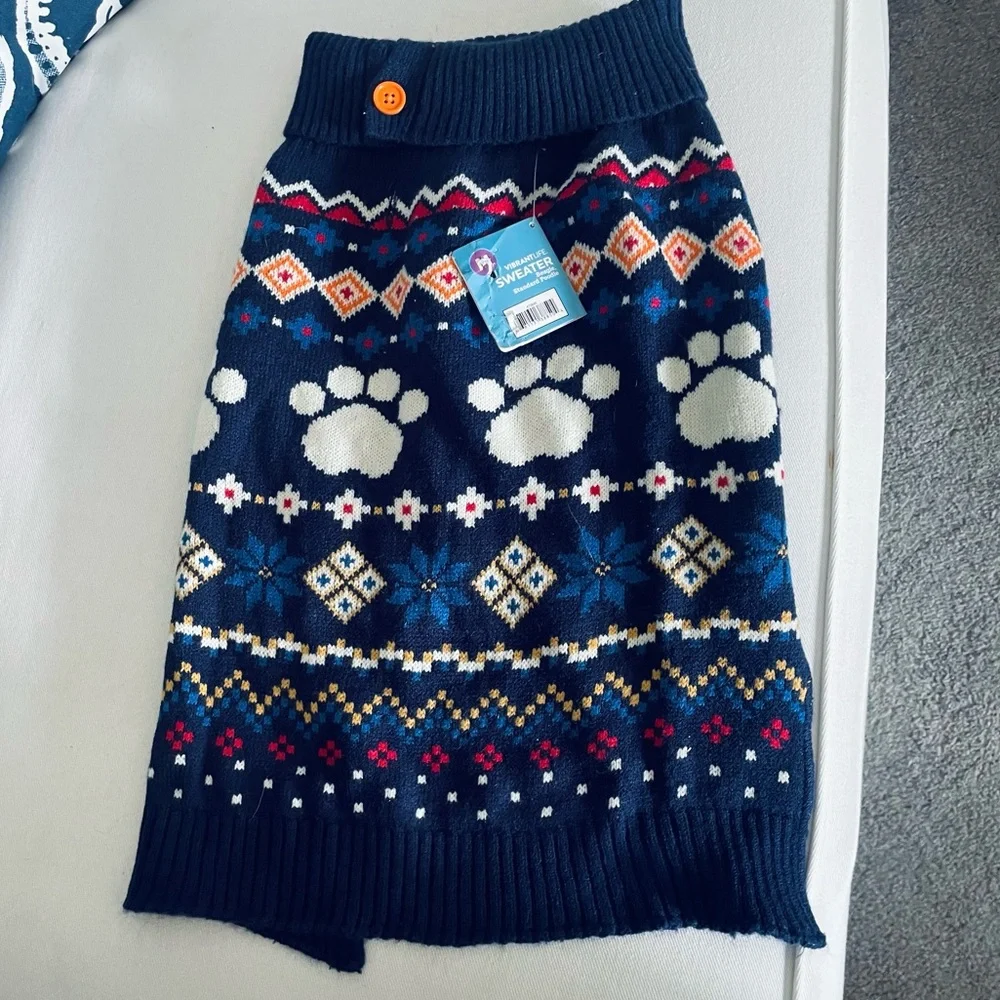 Vibrant Life navy blue Holiday Dog Turtleneck sweater button Collar Medium NWT